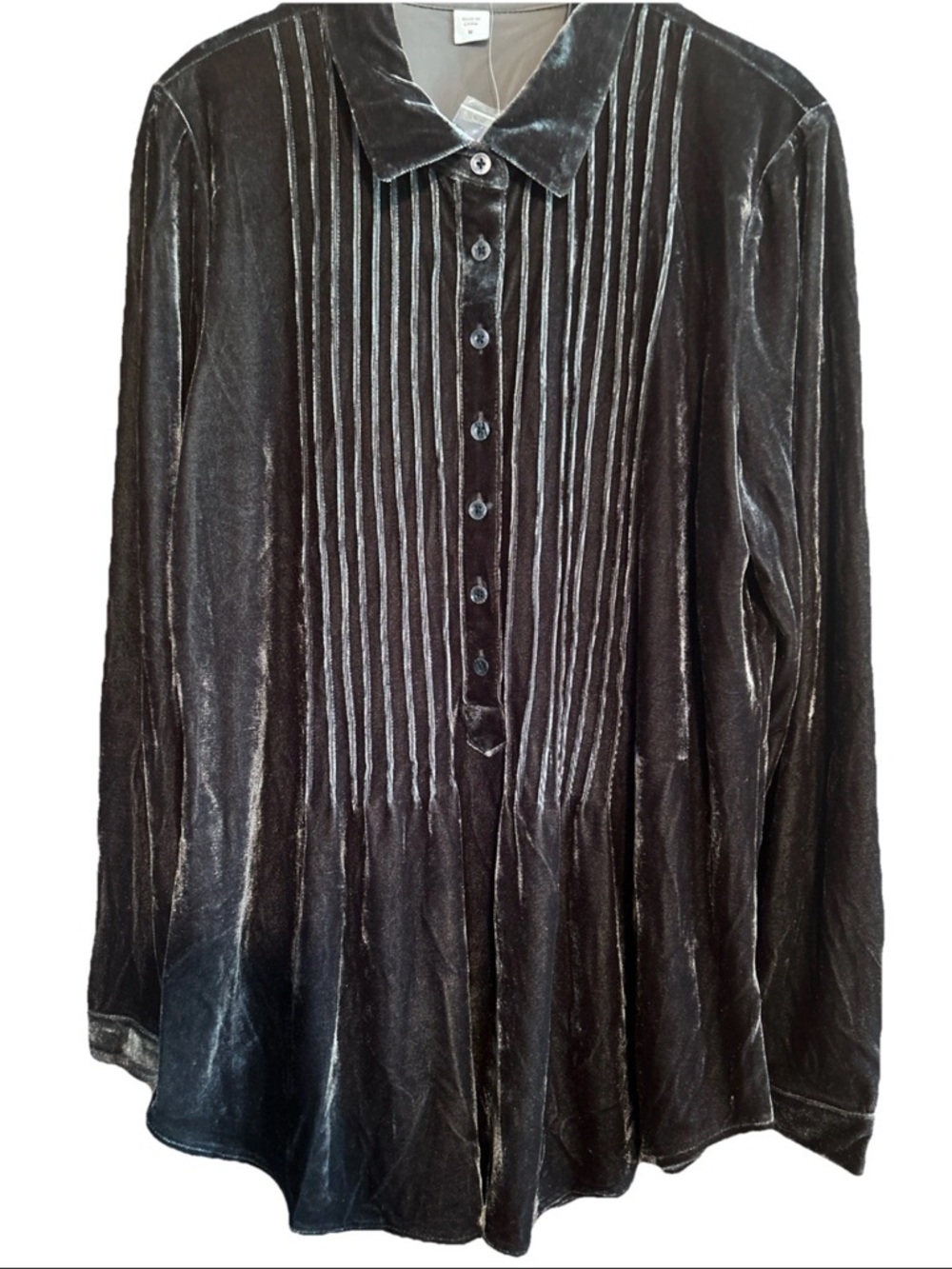 Velvet Button-Front Pleated Blouse in Charcoal New Without Tag